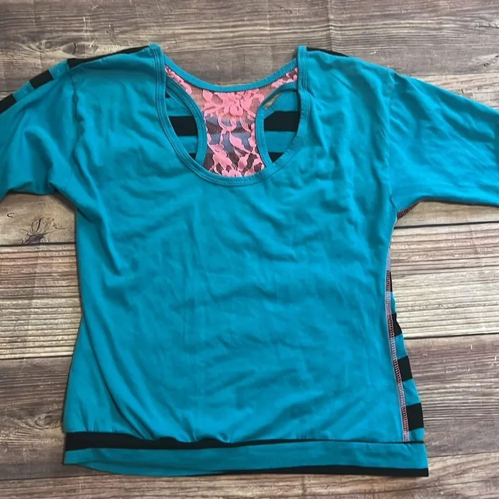 One Step Ahead Girls 10/12 OMG Lace Graphic Tee Teal Stripe 3/4 Sleeve Top